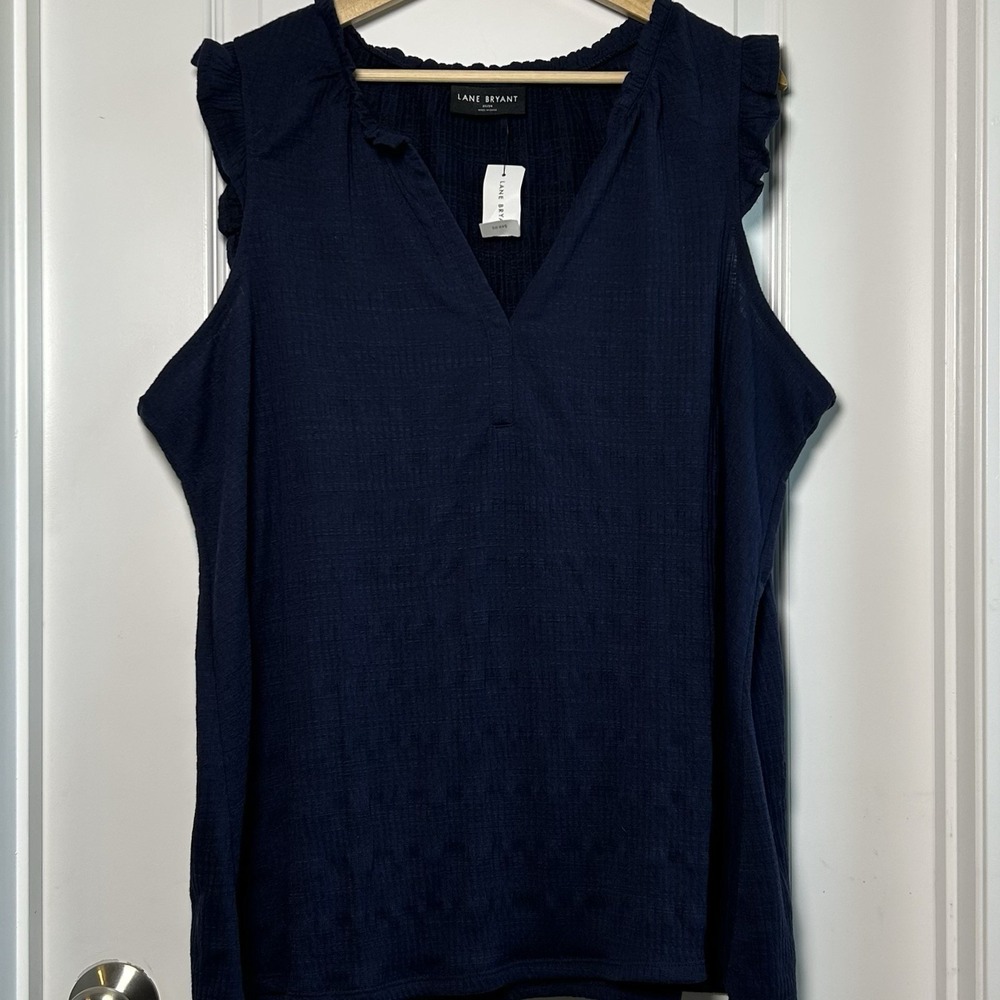 Lane Bryant Navy Gauze Ruffle Short Flutter Sleeve V-Neck Blouse Soft Boho Style